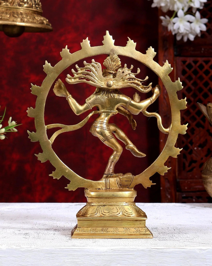 Brassaura® Nataraja Dancing Shiva Idol with Gold Tone Finish | Pure Superfine Brass Handcrafted Murti | Brass Statue for Home Temple, Pooja Room | Height 9.2 Inches | Weight 1.3 Kgs