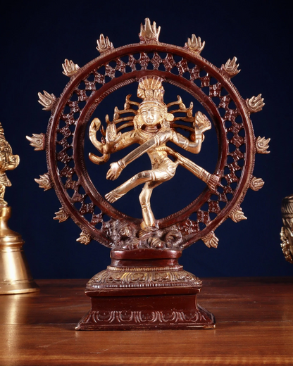 Brassaura™ Brass Lord Shiva Nataraja Statue with Netted Ring | Dual Tone Handcrafted Idol | Weight 1.4 Kgs | Height 9.3 Inches