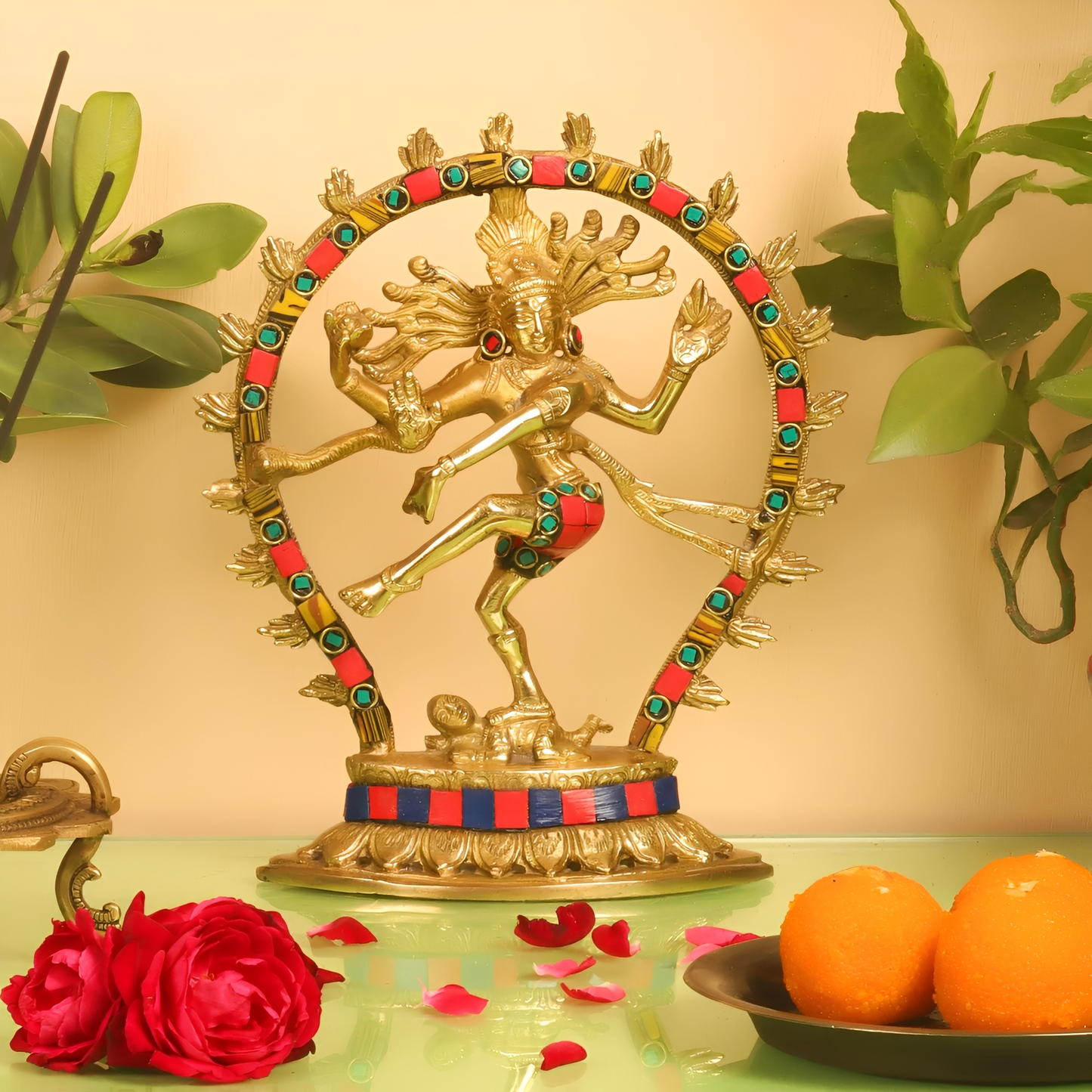 Brassaura™ Brass Multicolor Stone Handwork Nataraja Idol | Height 8.5 Inches & Weight 1.2 Kgs