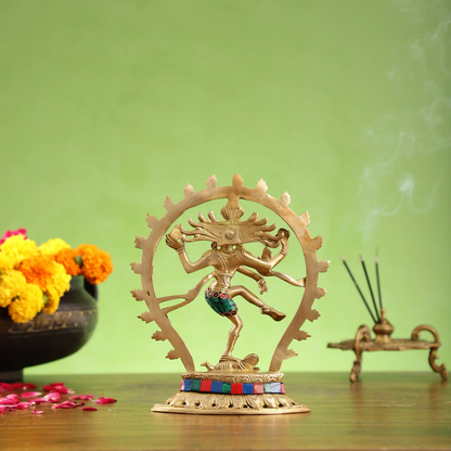 Brassaura™ Brass Handcrafted Nataraja Statue with Meenakari Stonework | Height 8.5 Inches & Weight 1.8 Kgs