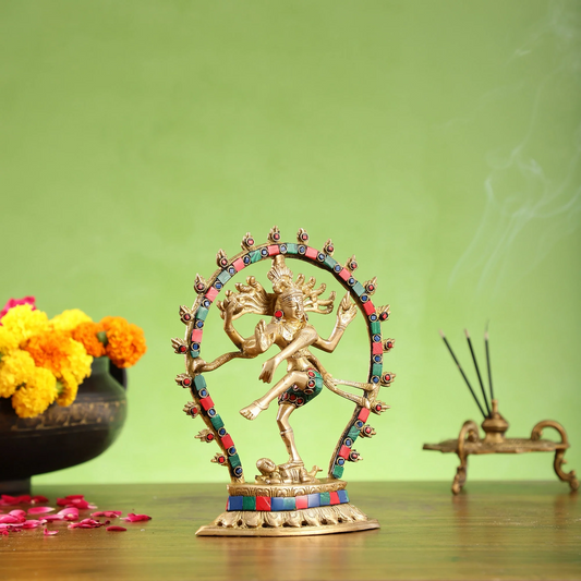 Brassaura® Brass Handcrafted Nataraja Statue with Meenakari Stonework | Height 8.5 Inches