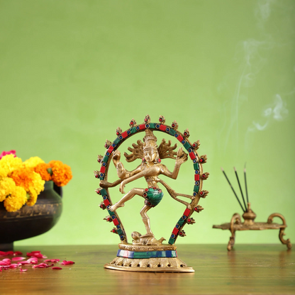 Brassaura™ Brass Handcrafted Nataraja Statue with Meenakari Stonework | Height 8.5 Inches & Weight 1.8 Kgs