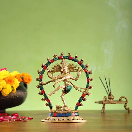 Brassaura® Brass Handcrafted Nataraja Statue with Meenakari Stonework | Height 8.5 Inches