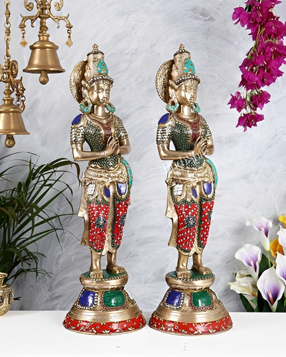 Brassaura® Brass Namaste Lady Statue Pair | Height 28.54 Inches