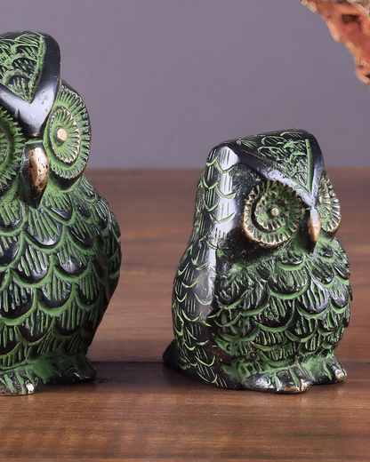 Brass Owl Showpieces (Pair) – Height 3.5 in & 2.5 in, Total Weight 900 g – Black & Green Tone