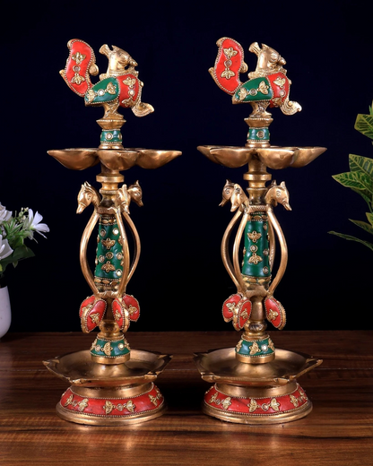 Brassaura® Peacock Kuthu Vilakku Brass Diya Set with Meenakari Work | Traditional Temple Craftsmanship | Height 14.5 Inches