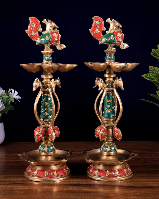 Brassaura® Peacock Kuthu Vilakku Brass Diya Set with Meenakari Work | Traditional Temple Craftsmanship | Height 14.5 Inches