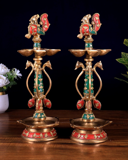 Brassaura® Peacock Kuthu Vilakku Brass Diya Set with Meenakari Work | Traditional Temple Craftsmanship | Height 14.5 Inches