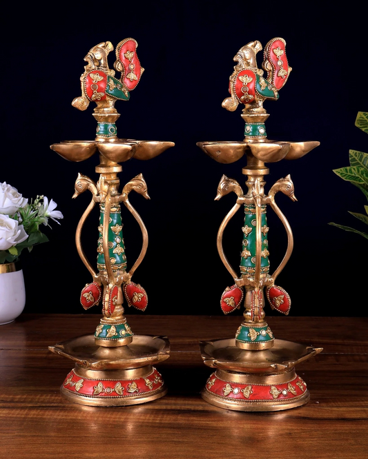 Brassaura® Peacock Kuthu Vilakku Brass Diya Set with Meenakari Work | Traditional Temple Craftsmanship | Height 14.5 Inches