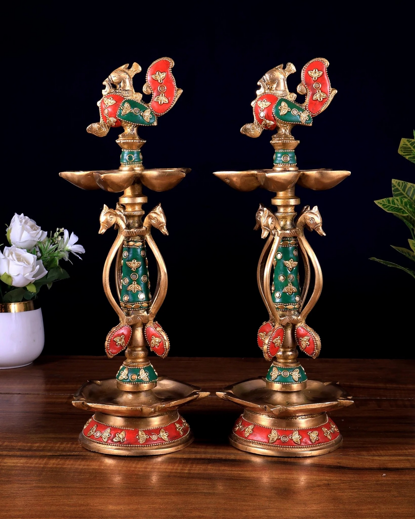 Brassaura® Peacock Kuthu Vilakku Brass Diya Set with Meenakari Work | Traditional Temple Craftsmanship | Height 14.5 Inches