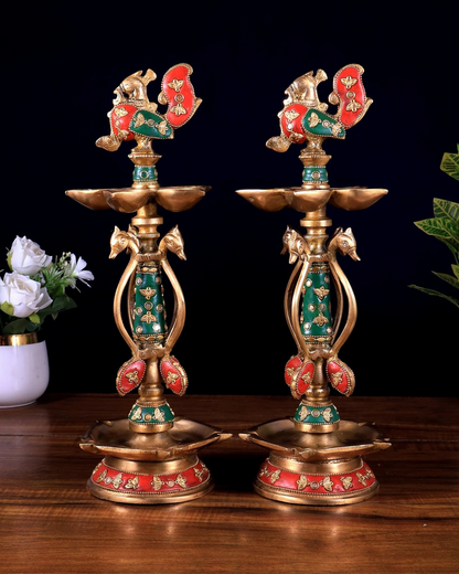 Brassaura® Peacock Kuthu Vilakku Brass Diya Set with Meenakari Work | Traditional Temple Craftsmanship | Height 14.5 Inches