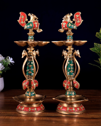 Brassaura® Peacock Kuthu Vilakku Brass Diya Set with Meenakari Work | Traditional Temple Craftsmanship | Height 14.5 Inches