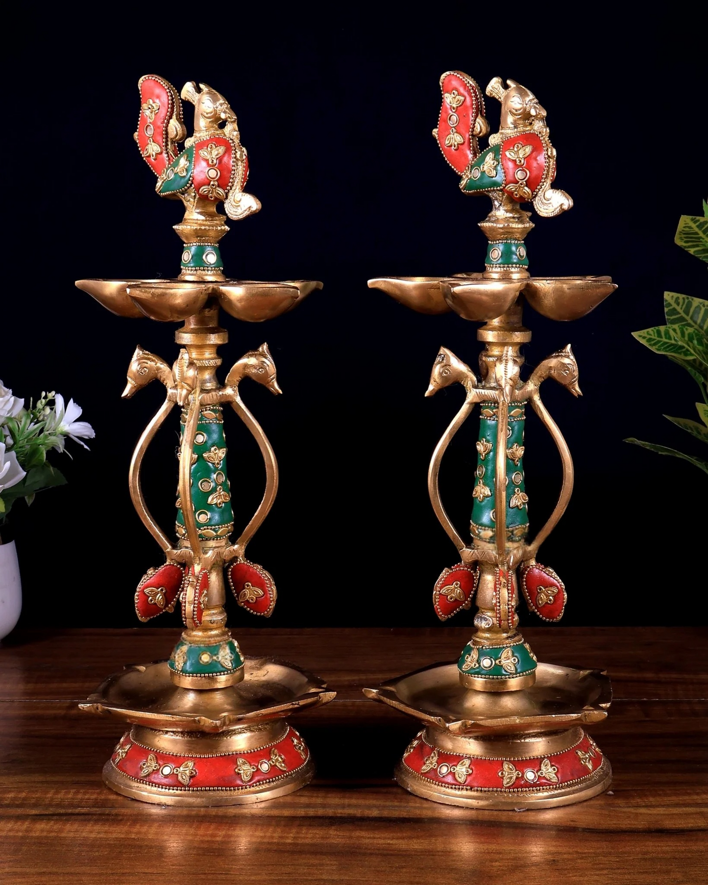 Brassaura® Peacock Kuthu Vilakku Brass Diya Set with Meenakari Work | Traditional Temple Craftsmanship | Height 14.5 Inches