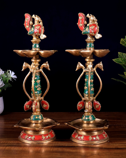 Brassaura® Peacock Kuthu Vilakku Brass Diya Set with Meenakari Work | Traditional Temple Craftsmanship | Height 14.5 Inches