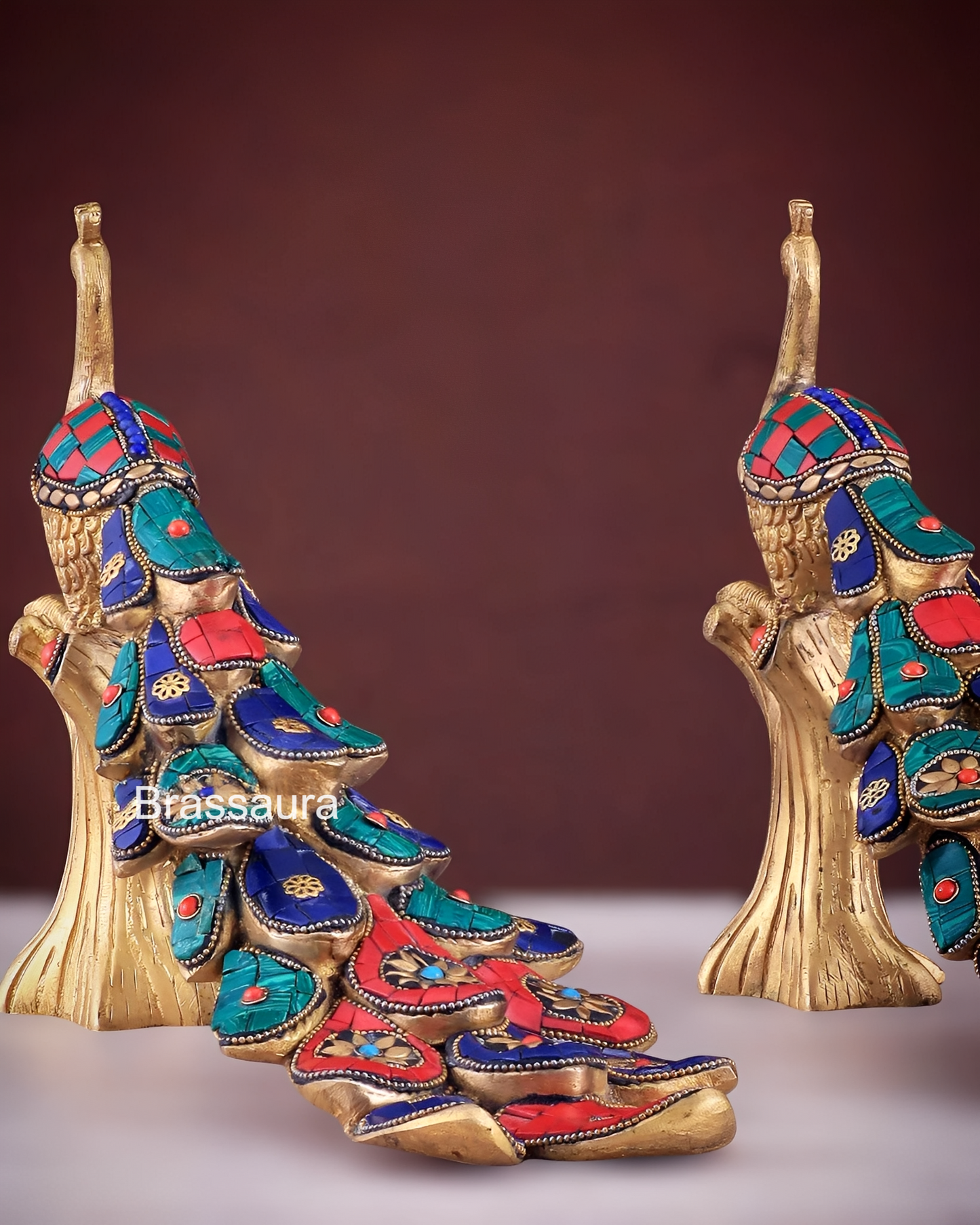 Brassaura™ Handcrafted Brass Peacock Table Accent with Meenakari Stonework – Height 8.5 Inches & Weight 2.5 Kgs