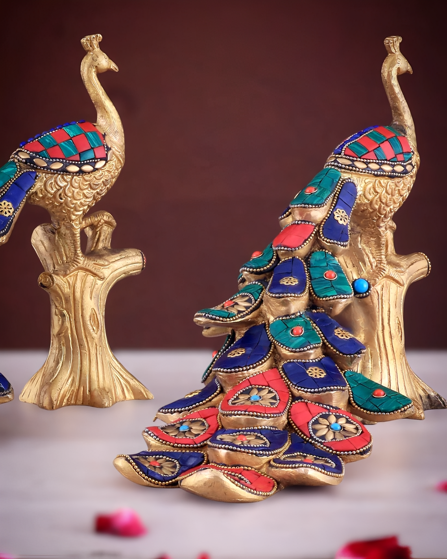 Brassaura™ Handcrafted Brass Peacock Table Accent with Meenakari Stonework – Height 8.5 Inches & Weight 2.5 Kgs