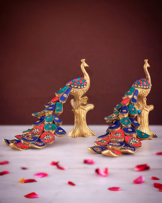 Brassaura® Handcrafted Brass Peacock Table Accent with Meenakari Stonework – Height 8.5 Inches & Weight 5 Kgs Combined