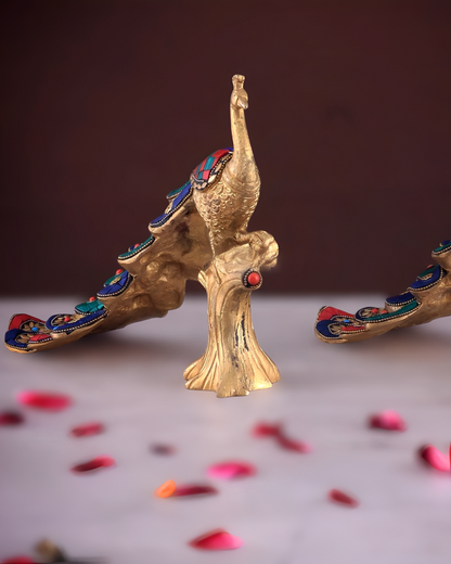 Brassaura™ Handcrafted Brass Peacock Table Accent with Meenakari Stonework – Height 8.5 Inches & Weight 2.5 Kgs