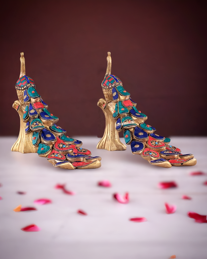 Brassaura™ Handcrafted Brass Peacock Table Accent with Meenakari Stonework – Height 8.5 Inches & Weight 2.5 Kgs
