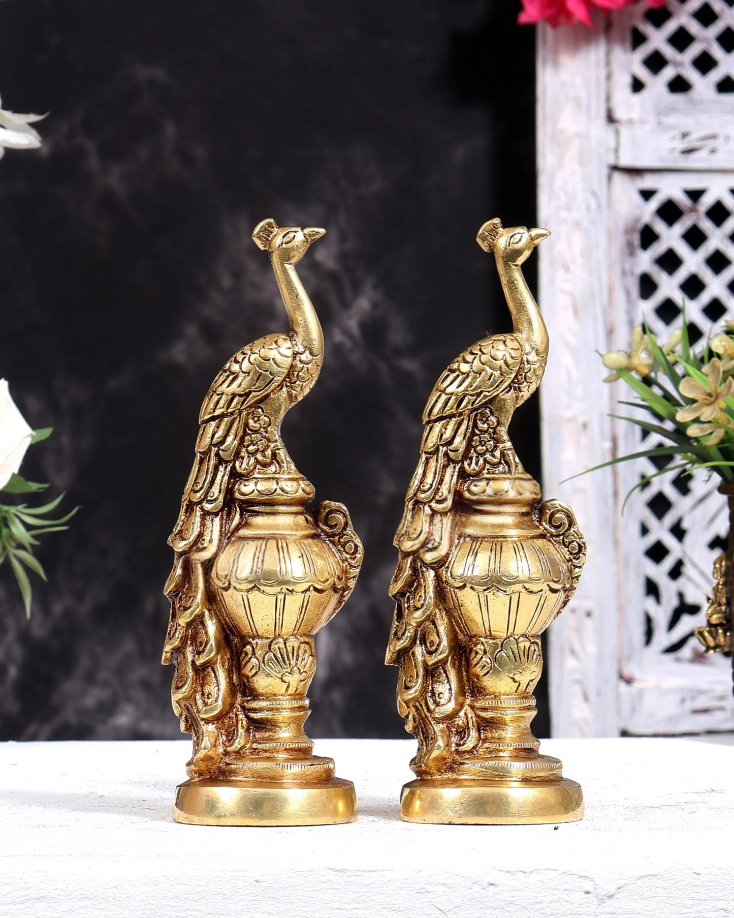 Brassaura® Peacock Showpiece Pair with Natural Brass Finish | Pure Superfine Brass Handcrafted Murti | Brass Statue for Home Temple, Pooja Room | Height 7 Inches | Weight 1.73 Kgs