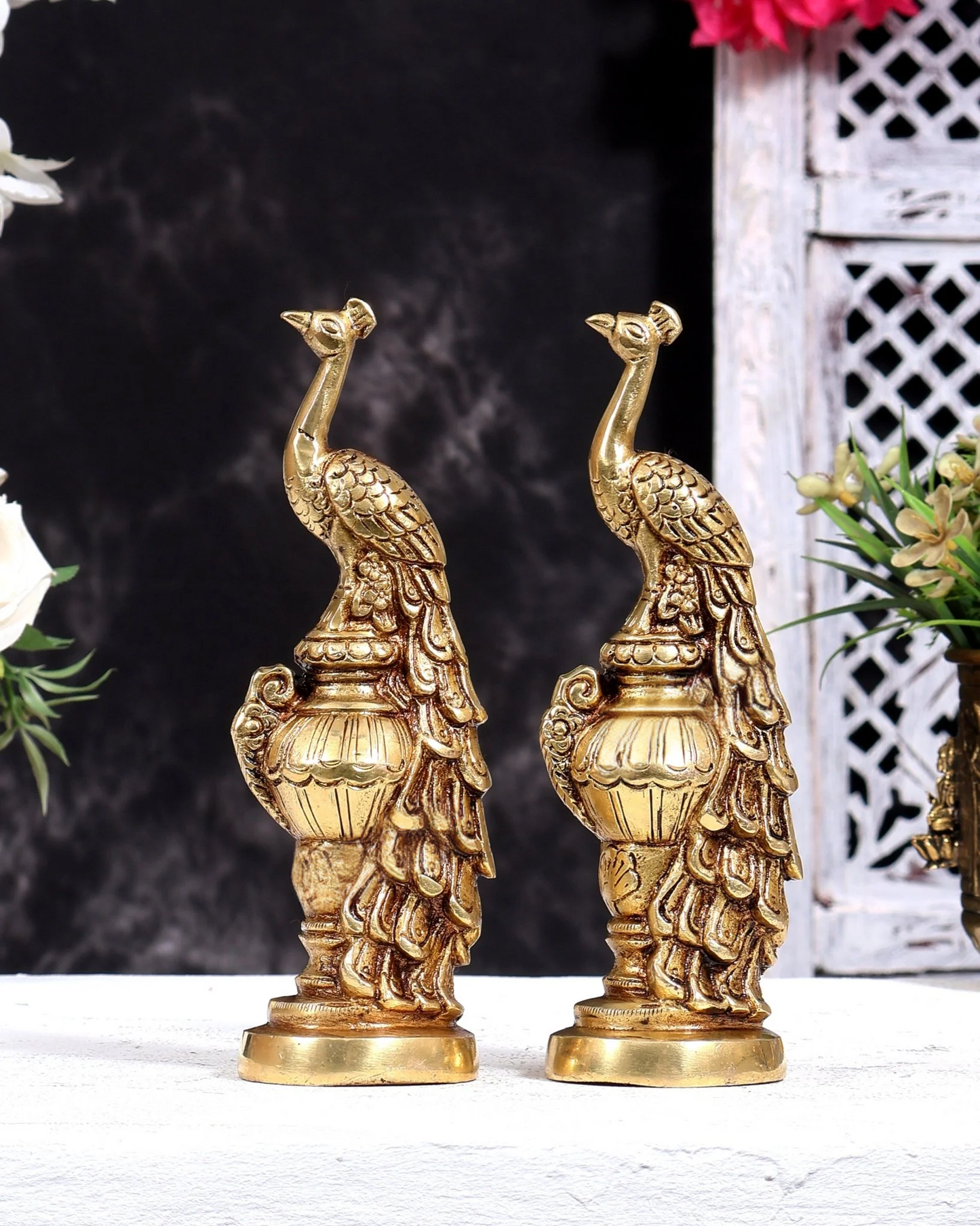 Brassaura® Peacock Showpiece Pair with Natural Brass Finish | Pure Superfine Brass Handcrafted Murti | Brass Statue for Home Temple, Pooja Room | Height 7 Inches | Weight 1.73 Kgs