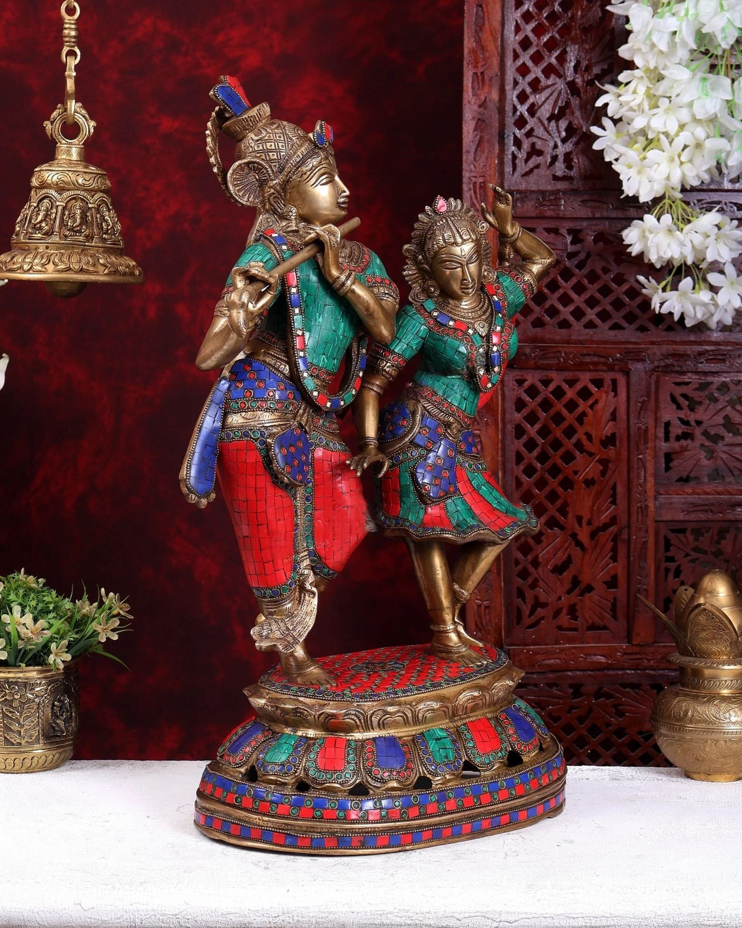 ब्रासोरा® वृंदावन वेणुगोपाल कृष्ण पीतल की प्रतिमा मोर के साथ | एंटीक नीला और सुनहरा रंग | ऊँचाई 20 इंच