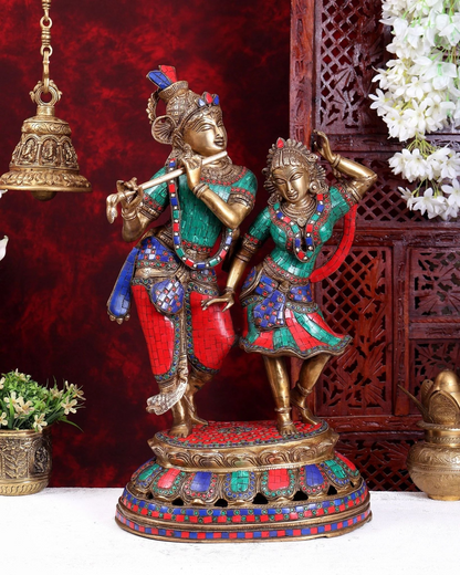 ब्रासोरा® वृंदावन वेणुगोपाल कृष्ण पीतल की प्रतिमा मोर के साथ | एंटीक नीला और सुनहरा रंग | ऊँचाई 20 इंच