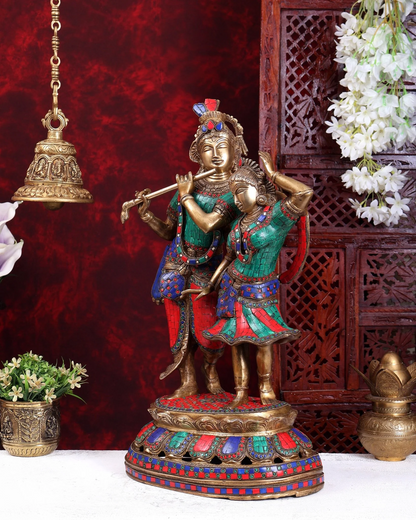 ब्रासोरा® वृंदावन वेणुगोपाल कृष्ण पीतल की प्रतिमा मोर के साथ | एंटीक नीला और सुनहरा रंग | ऊँचाई 20 इंच