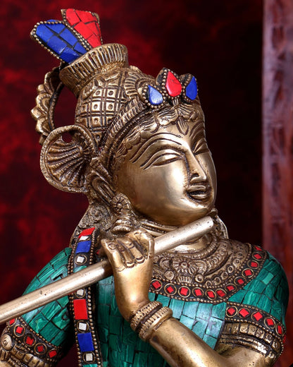 ब्रासोरा® वृंदावन वेणुगोपाल कृष्ण पीतल की प्रतिमा मोर के साथ | एंटीक नीला और सुनहरा रंग | ऊँचाई 20 इंच