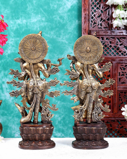 ब्रासोरा® वृंदावन वेणुगोपाल कृष्ण पीतल की प्रतिमा मोर के साथ | एंटीक नीला और सुनहरा रंग | ऊँचाई 20 इंच