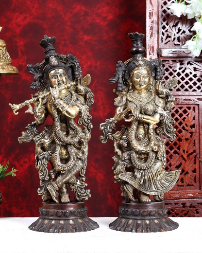 ब्रासोरा® वृंदावन वेणुगोपाल कृष्ण पीतल की प्रतिमा मोर के साथ | एंटीक नीला और सुनहरा रंग | ऊँचाई 20 इंच