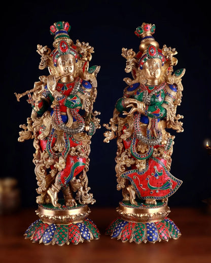 Brassaura™ Handcrafted Brass Radha Krishna Idol Pair with Lotus Base – Height 27 Inches & Weight 40 Kgs | Elegant Devotional Statue