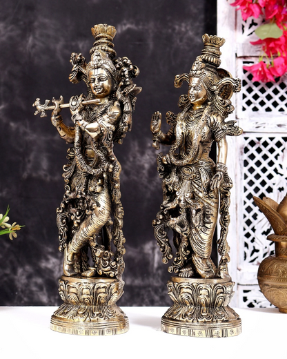 ब्रासोरा® वृंदावन वेणुगोपाल कृष्ण पीतल की प्रतिमा मोर के साथ | एंटीक नीला और सुनहरा रंग | ऊँचाई 20 इंच
