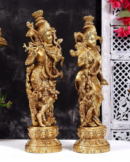 Brassaura® Radha Krishna Standing Pair Idol with Natural Brass Tone Finish | Pure Superfine Brass Handcrafted Murti | Brass Statue for Home Temple, Pooja Room | Height 14 Inches | Weight 8 Kgs