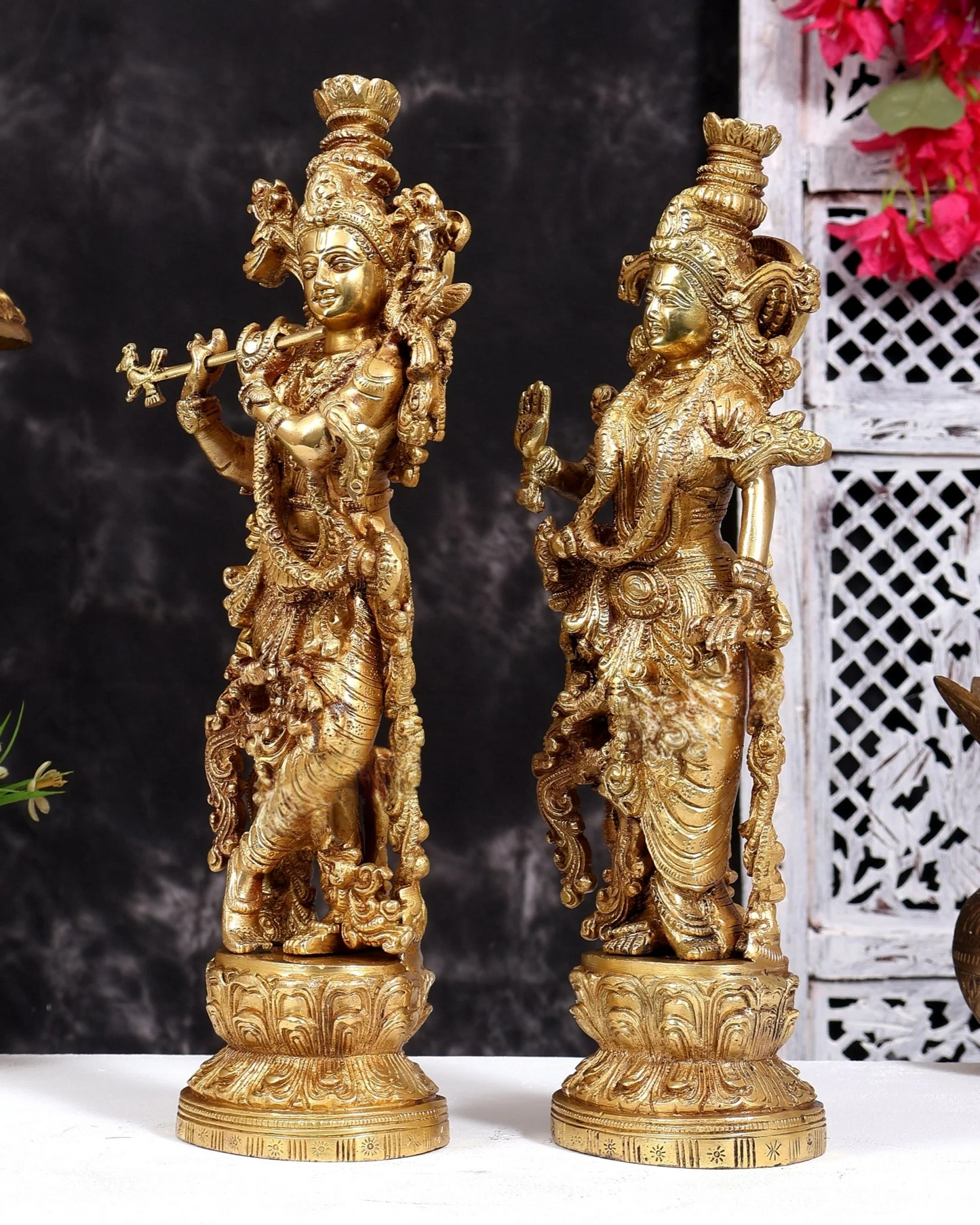 Brassaura® Radha Krishna Standing Pair Idol with Natural Brass Tone Finish | Pure Superfine Brass Handcrafted Murti | Brass Statue for Home Temple, Pooja Room | Height 14 Inches | Weight 8 Kgs