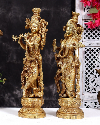 Brassaura® Radha Krishna Standing Pair Idol with Natural Brass Tone Finish | Pure Superfine Brass Handcrafted Murti | Brass Statue for Home Temple, Pooja Room | Height 14 Inches | Weight 8 Kgs