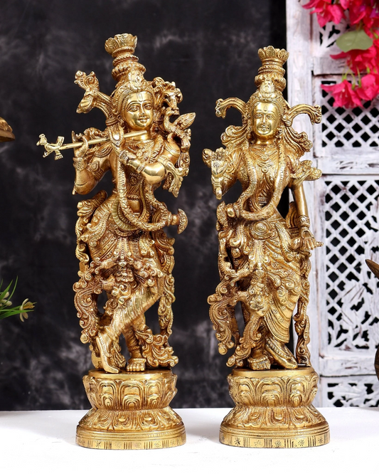 Brassaura® Radha Krishna Standing Pair Idol with Natural Brass Tone Finish | Pure Superfine Brass Handcrafted Murti | Brass Statue for Home Temple, Pooja Room | Height 14 Inches | Weight 8 Kgs