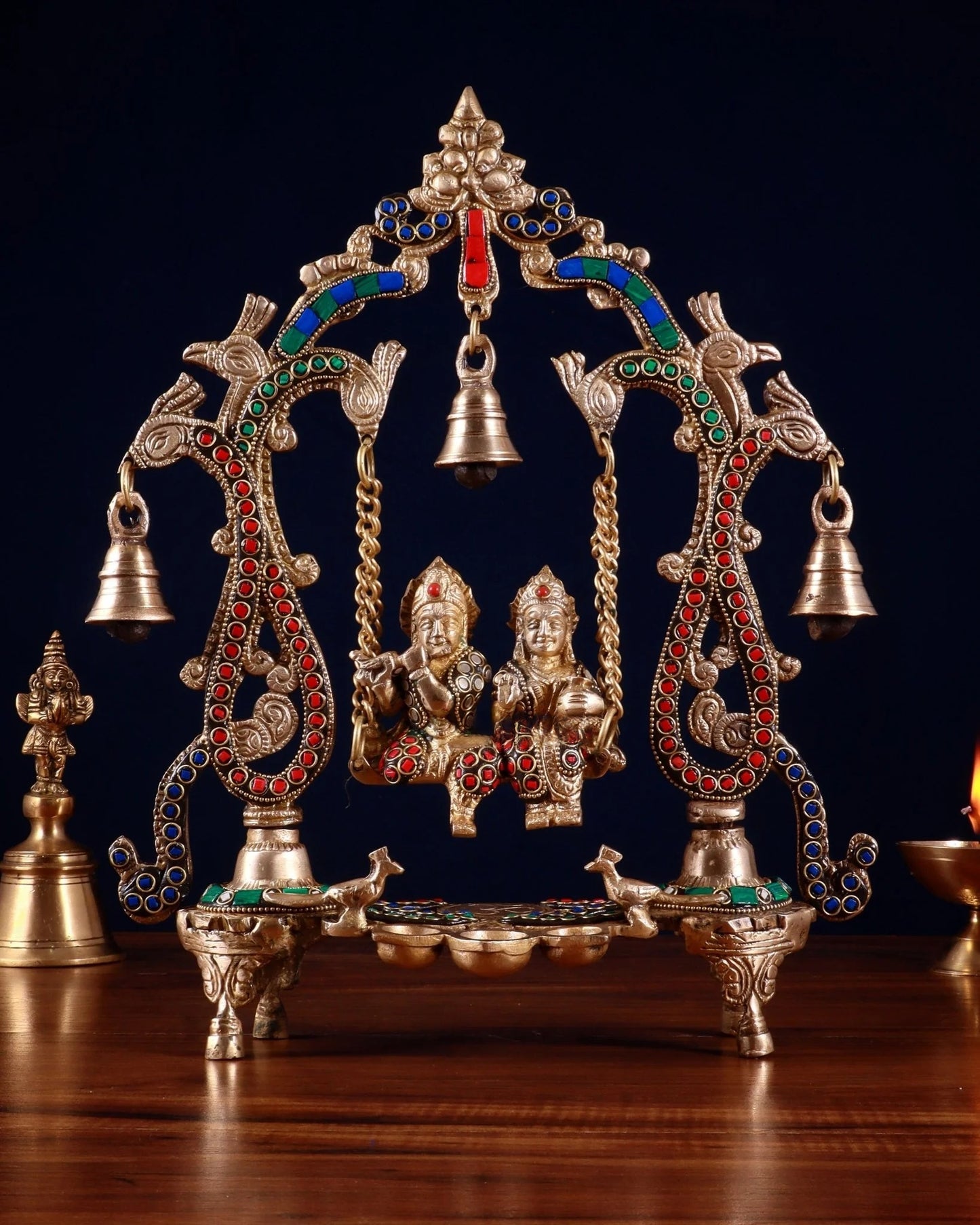 Brassaura™ Brass Radha Krishna Swing Idol with Diyas, Peacocks & Bells – Height 13.5 Inches & Weight 2.4 Kgs | Elegant Devotional Statue
