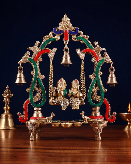Brassaura™ Brass Radha Krishna Swing Idol with Diyas, Peacocks & Bells – Height 13.5 Inches & Weight 2.4 Kgs | Elegant Devotional Statue