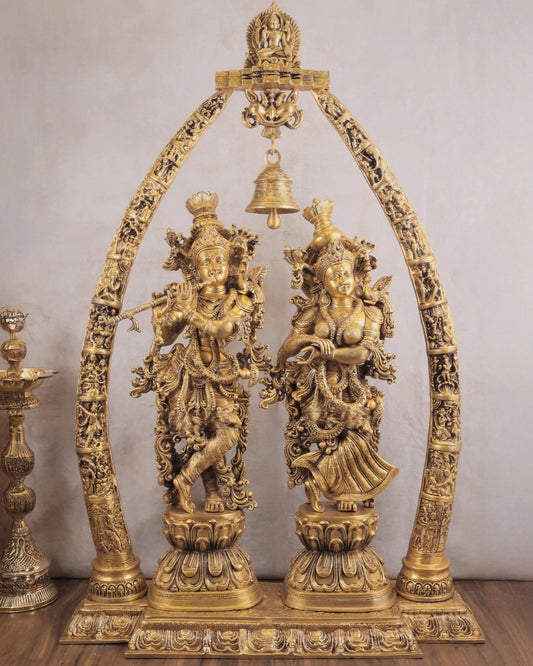 Brassaura™ Magnificent Brass Radha Krishna Temple Arch with Krishna Leelas – Arch Height 45 Inches & Total Weight 70 Kgs | Elegant Devotional Masterpiece