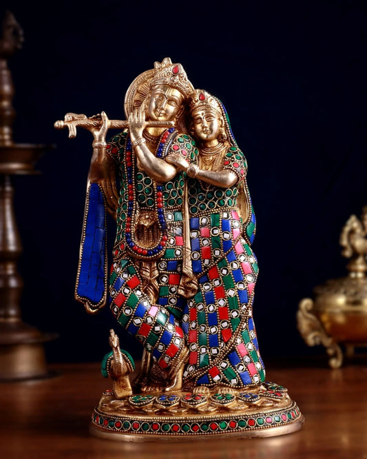 Brassaura™ Brass Radha Krishna Idol with Meenakari – Height 12 Inches & Weight 4 Kgs | Elegant Devotional Statue