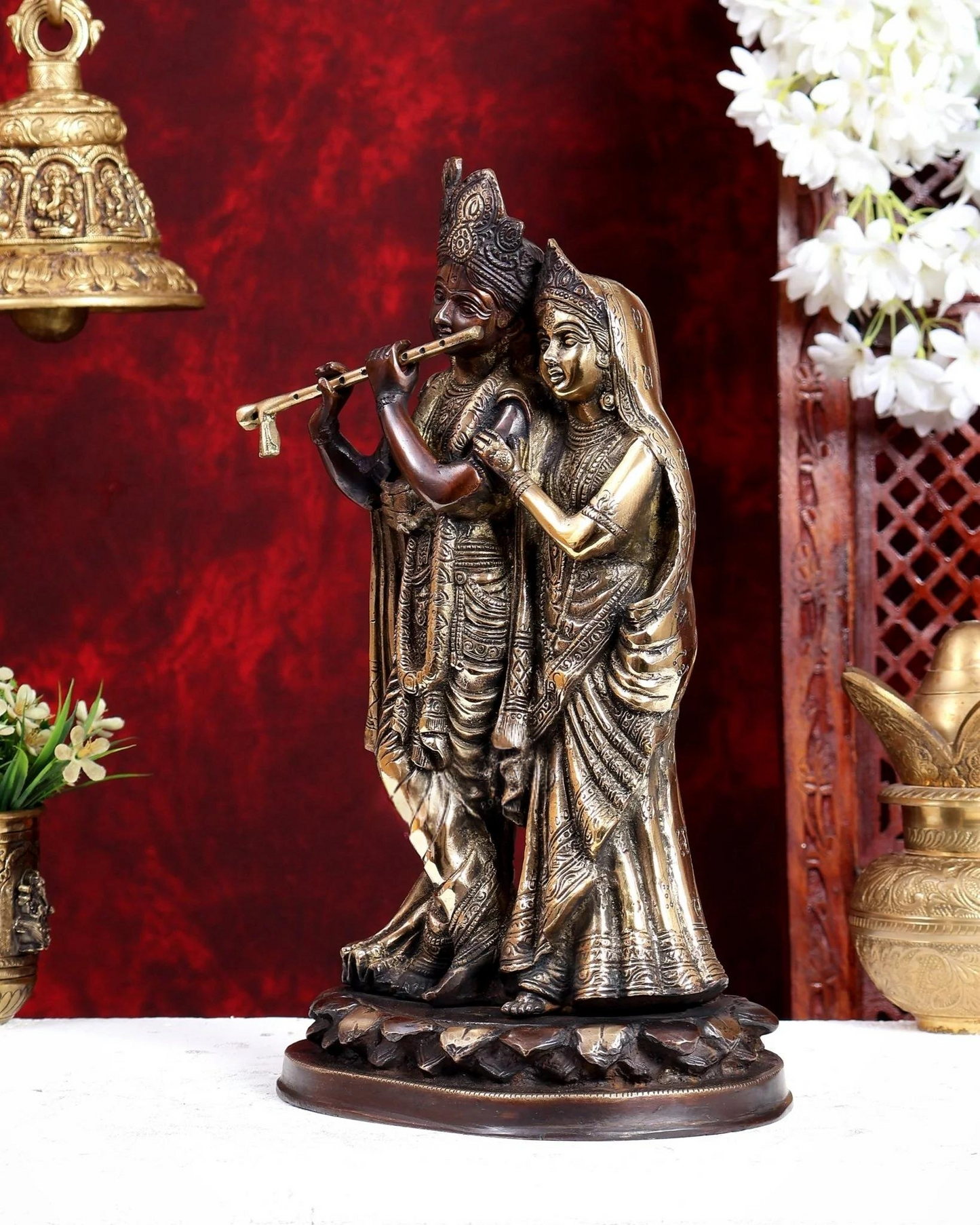 Brassaura® Radha Krishna Together Idol with Dual-Tone Brown & Gold Finish | Handcrafted Radha Krishna Murti for Home Temple & Spiritual Décor | Height 14 Inches | Weight 6.82 Kgs