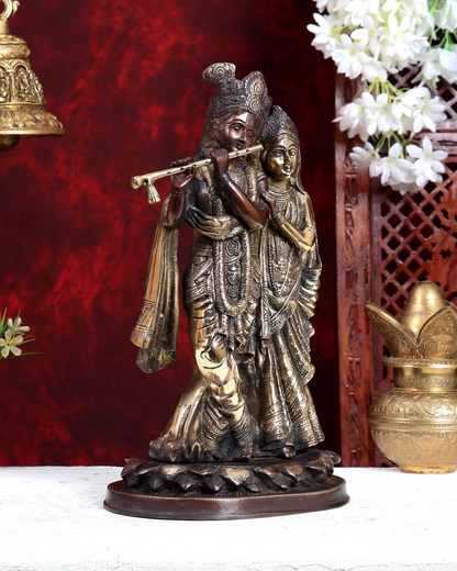 Brassaura® Radha Krishna Together Idol with Dual-Tone Brown & Gold Finish | Handcrafted Radha Krishna Murti for Home Temple & Spiritual Décor | Height 14 Inches | Weight 6.82 Kgs