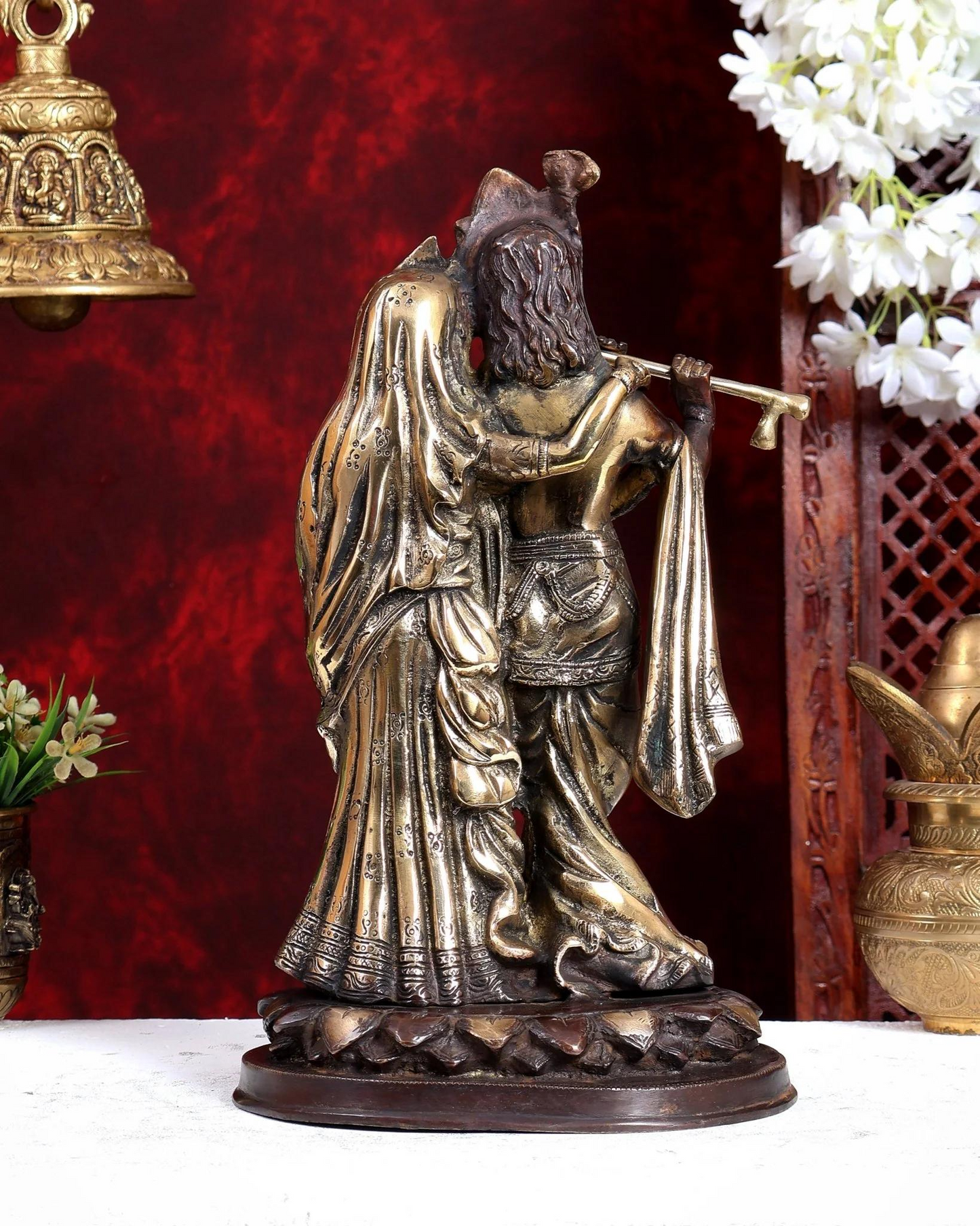 Brassaura® Radha Krishna Together Idol with Dual-Tone Brown & Gold Finish | Handcrafted Radha Krishna Murti for Home Temple & Spiritual Décor | Height 14 Inches | Weight 6.82 Kgs