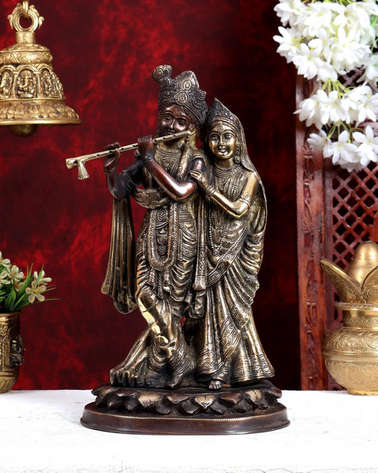 ब्रासोरा® वृंदावन वेणुगोपाल कृष्ण पीतल की प्रतिमा मोर के साथ | एंटीक नीला और सुनहरा रंग | ऊँचाई 20 इंच