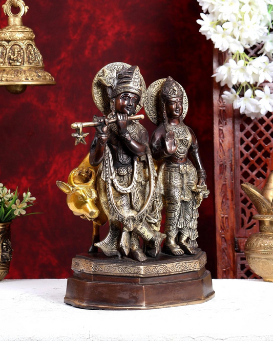 ब्रासोरा® वृंदावन वेणुगोपाल कृष्ण पीतल की प्रतिमा मोर के साथ | एंटीक नीला और सुनहरा रंग | ऊँचाई 20 इंच