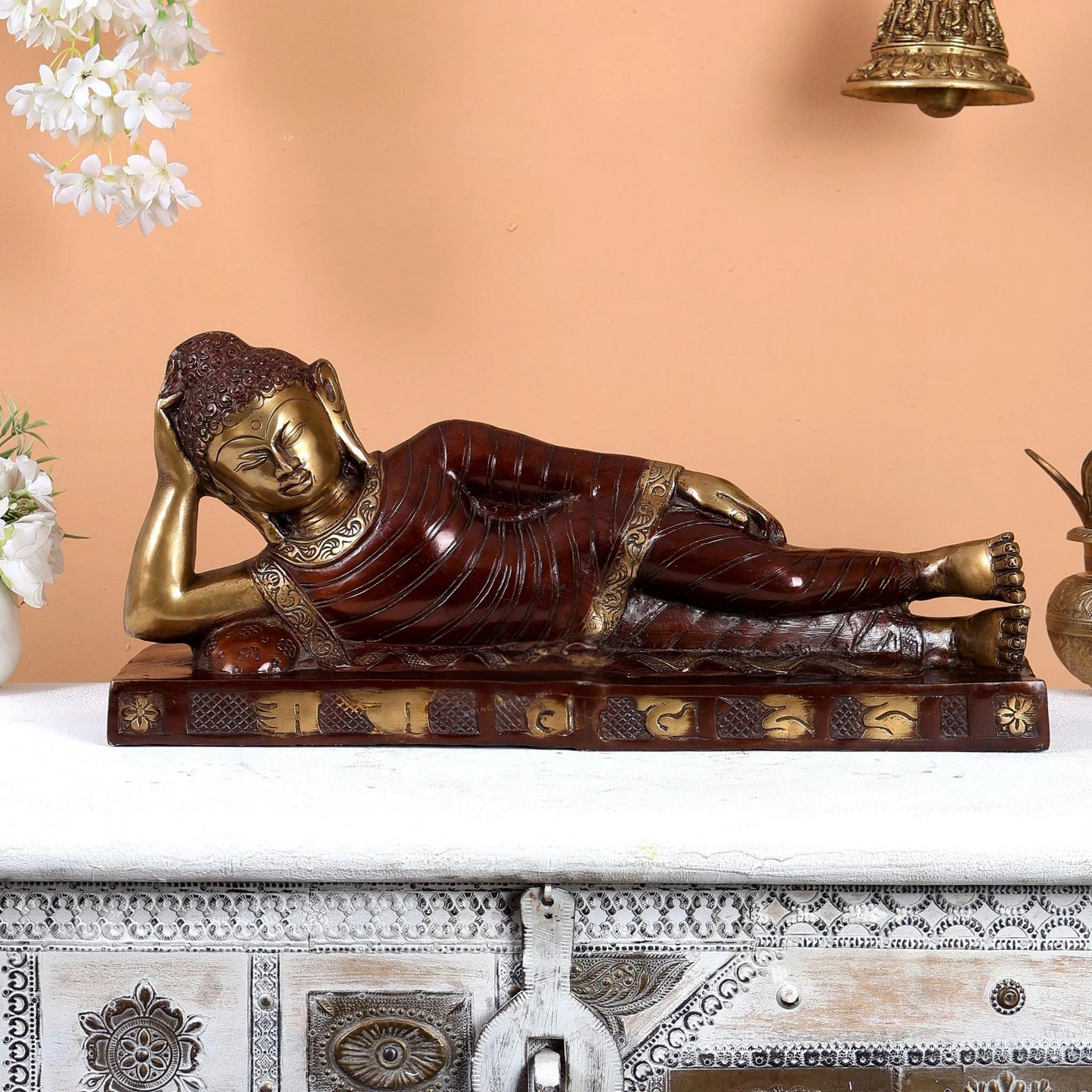 Brassaura® Brass Reclining Sleeping Buddha Idol with Dual Tone Brown Gold Finish | Handcrafted Buddha Statue for Home, Meditation & Spiritual Décor | Height 9 Inches | Weight 8.82 Kgs