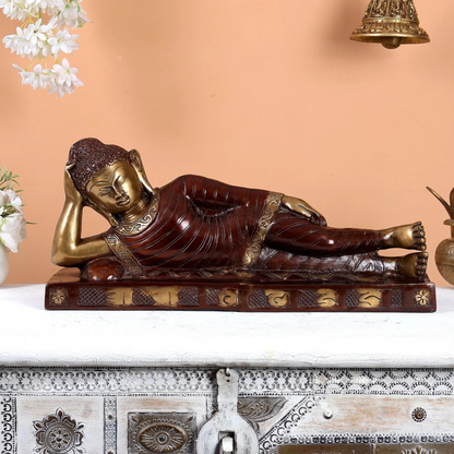 Brassaura® Brass Reclining Sleeping Buddha Idol with Dual Tone Brown Gold Finish | Handcrafted Buddha Statue for Home, Meditation & Spiritual Décor | Height 9 Inches | Weight 8.82 Kgs