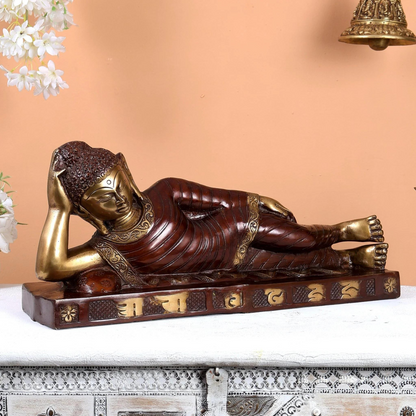 Brassaura® Brass Reclining Sleeping Buddha Idol with Dual Tone Brown Gold Finish | Handcrafted Buddha Statue for Home, Meditation & Spiritual Décor | Height 9 Inches | Weight 8.82 Kgs