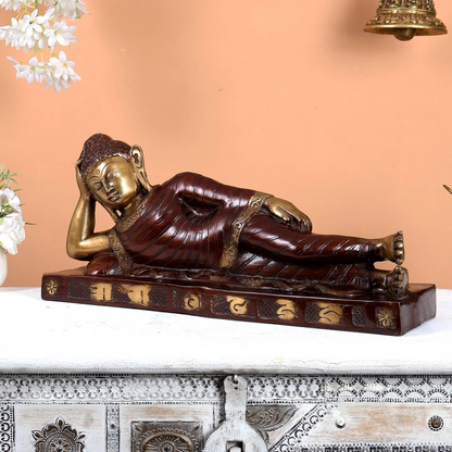 Brassaura® Brass Reclining Sleeping Buddha Idol with Dual Tone Brown Gold Finish | Handcrafted Buddha Statue for Home, Meditation & Spiritual Décor | Height 9 Inches | Weight 8.82 Kgs